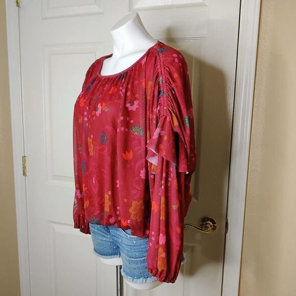 Free People Wildflower Honey Floral Stretch Mesh Blouson Ruffle Top S - Picture 9 of 13